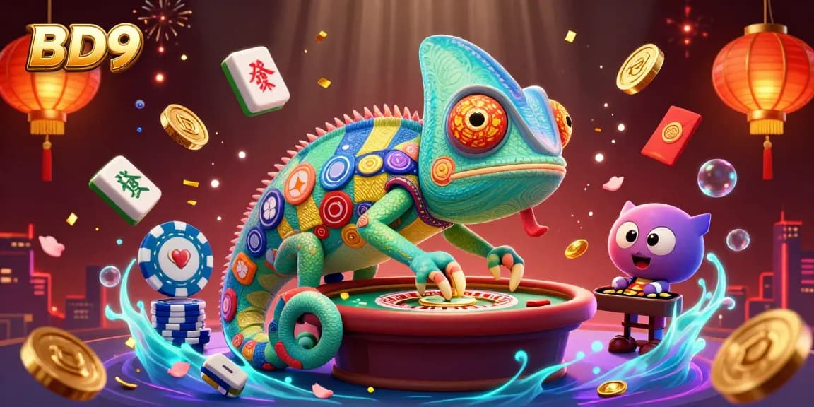 Engage with BD9's vibrant gaming atmosphere alongside a colorful chameleon casino owner.