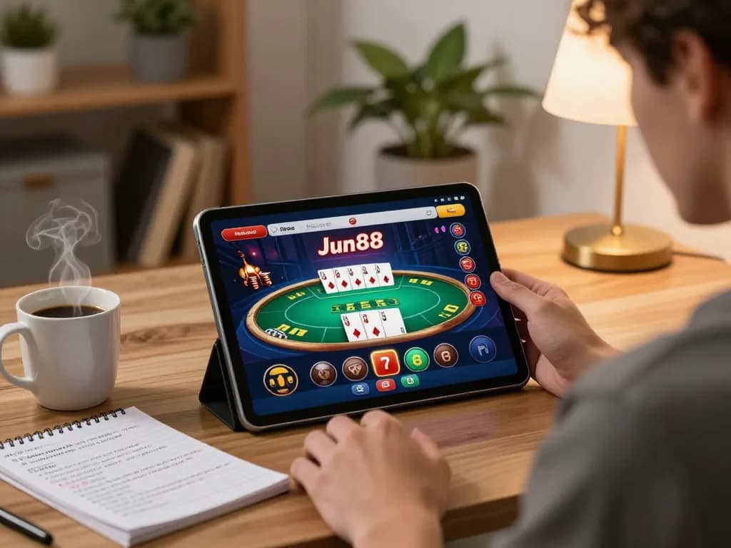 Player enjoying Jun88 poker game on tablet in cozy home setting with strategic notes and warm lighting.