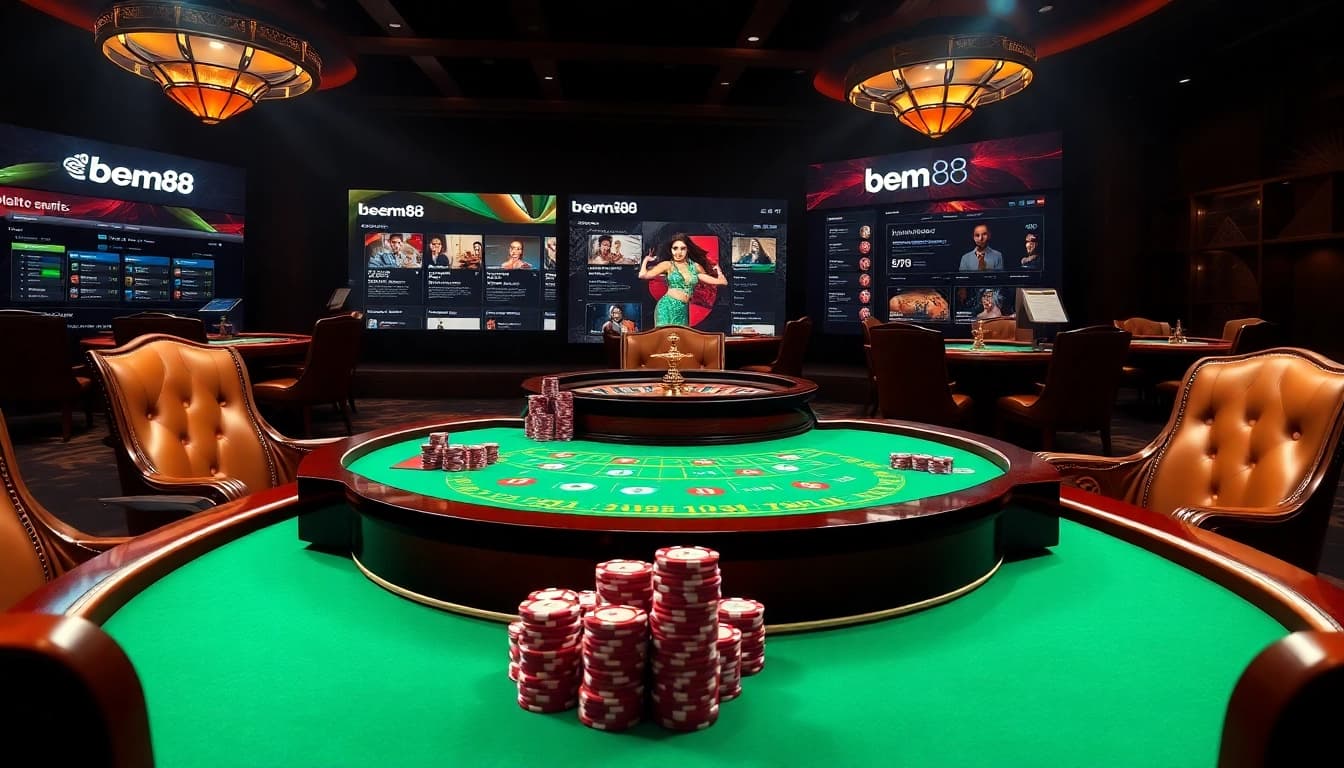 Experience the excitement on bem88 platform with a luxurious poker scene showcasing high-stakes action.