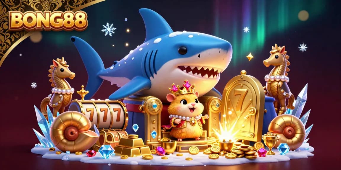BONG88 showcases a golden hamster king in a megalodon throne, surrounded by treasures and slot elements.