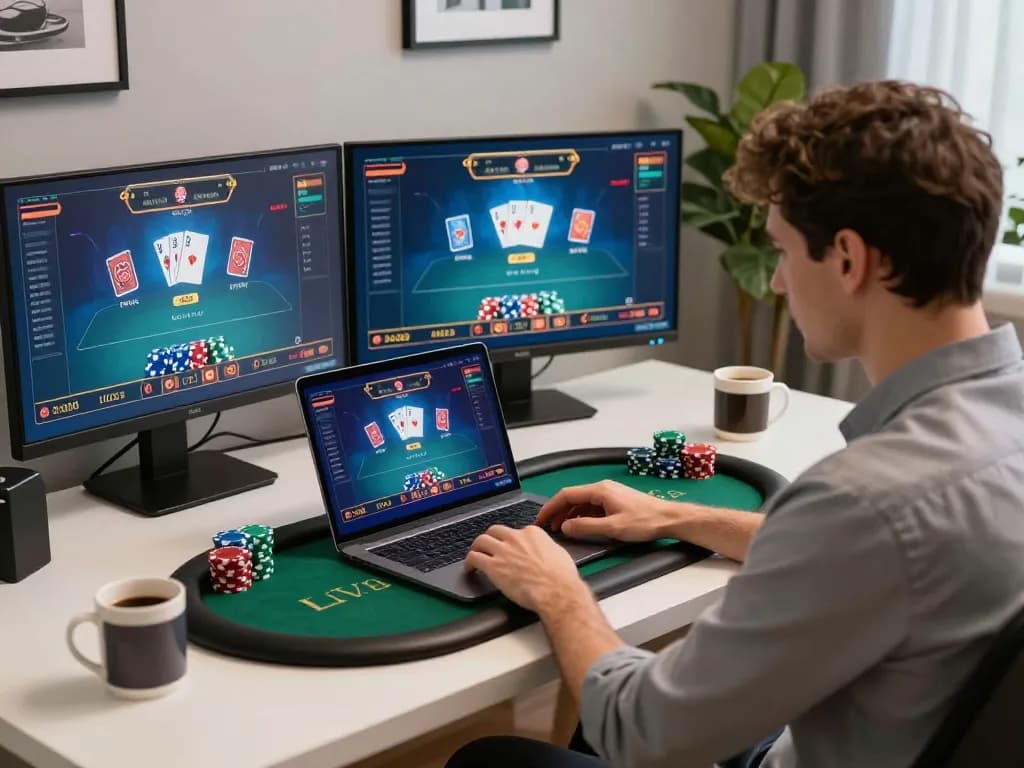 du88 online gambler strategizing the next move in a high-stakes poker game.