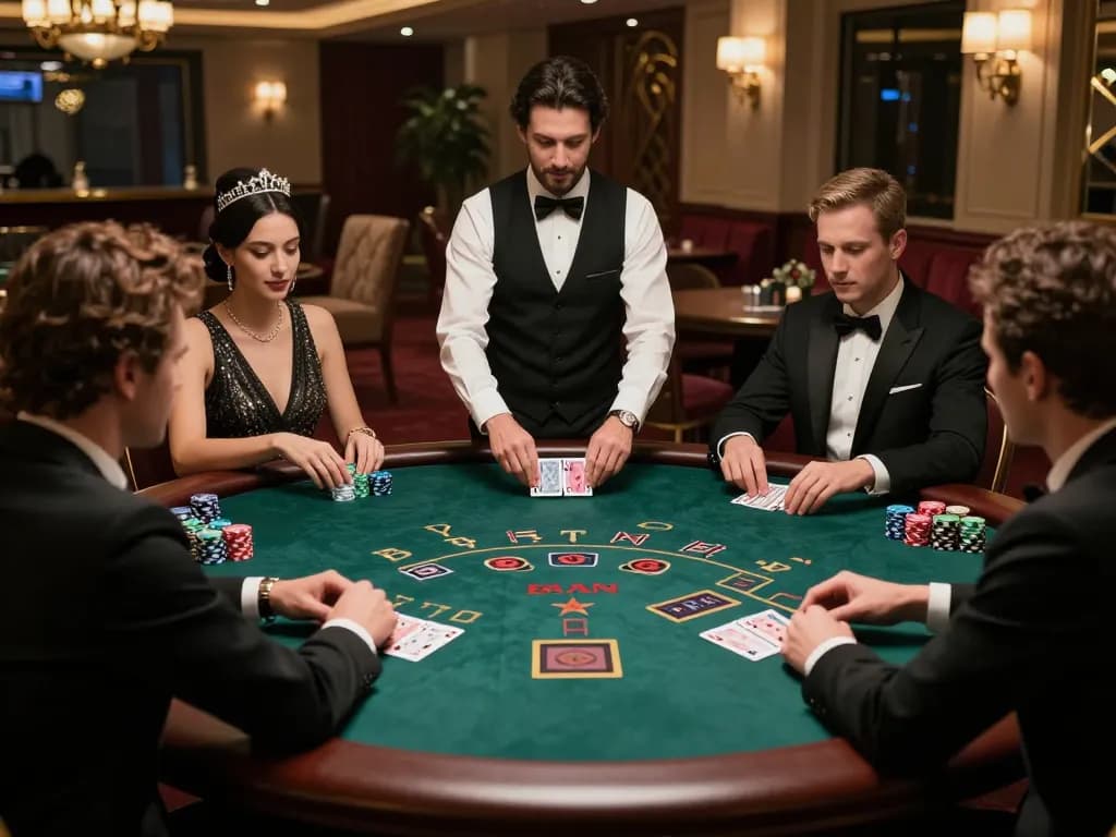 Trải nghiệm gameplay LUCK8 tại một bàn blackjack trang nhã, thể hiện sự phấn khích với những người chơi và dealer năng động