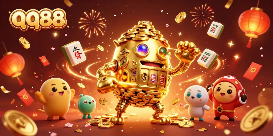 Engage with qq88's vibrant casino experience featuring a dynamic golden golem and floating game elements.