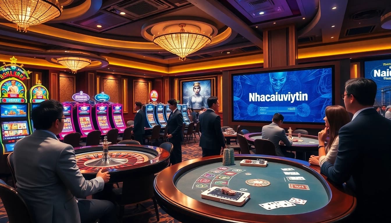 Experience thrilling gaming at a luxurious casino with Nhacaiuytin betting interfaces and vibrant tables.