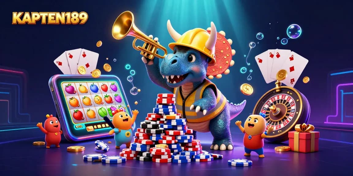 KAPTEN189 menampilkan kasino online dengan simbol slot dan chip poker dalam ilustrasi yang meriah dan penuh warna.