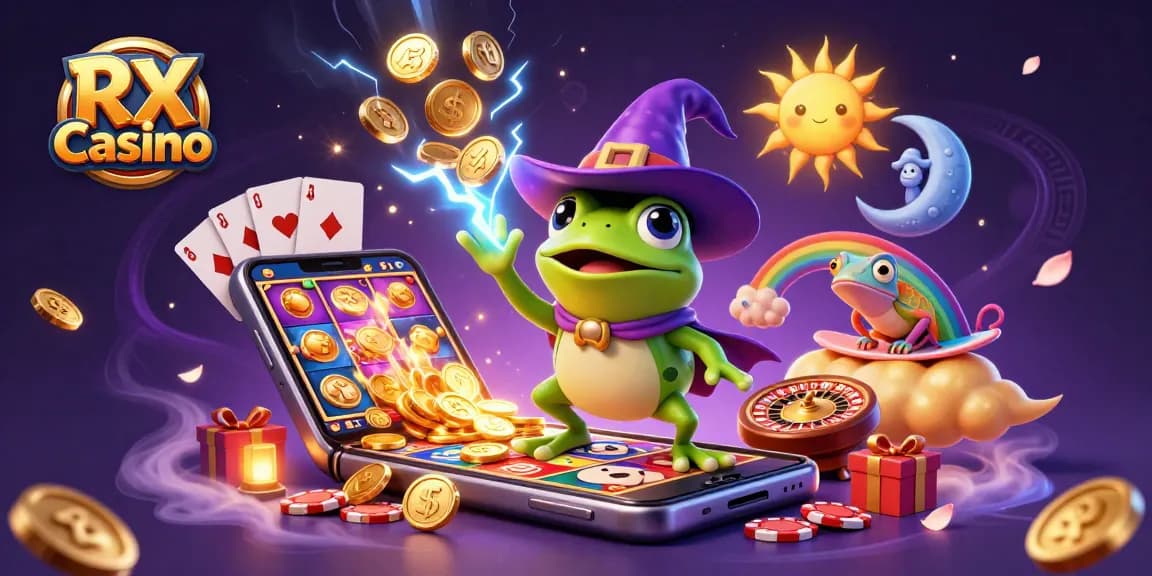 Experience excitement at RX Casino with a whimsical scene of a wizard frog and chameleon amidst golden gaming elements.