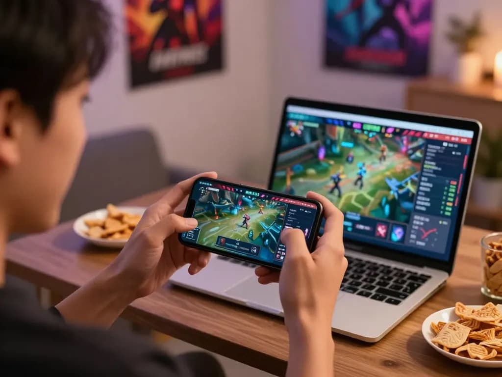 Exciting moment of esports betting singapore with a person using a smartphone in a vibrant gaming atmosphere.