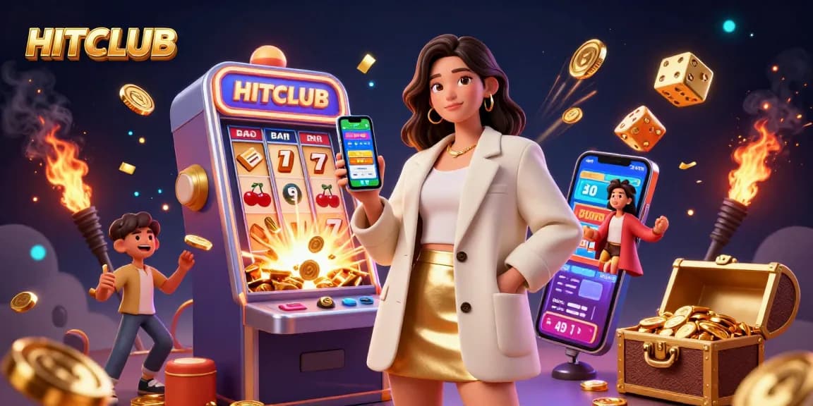 Experience HITCLUB's vibrant casino atmosphere with dynamic slots, games, and a friendly character.