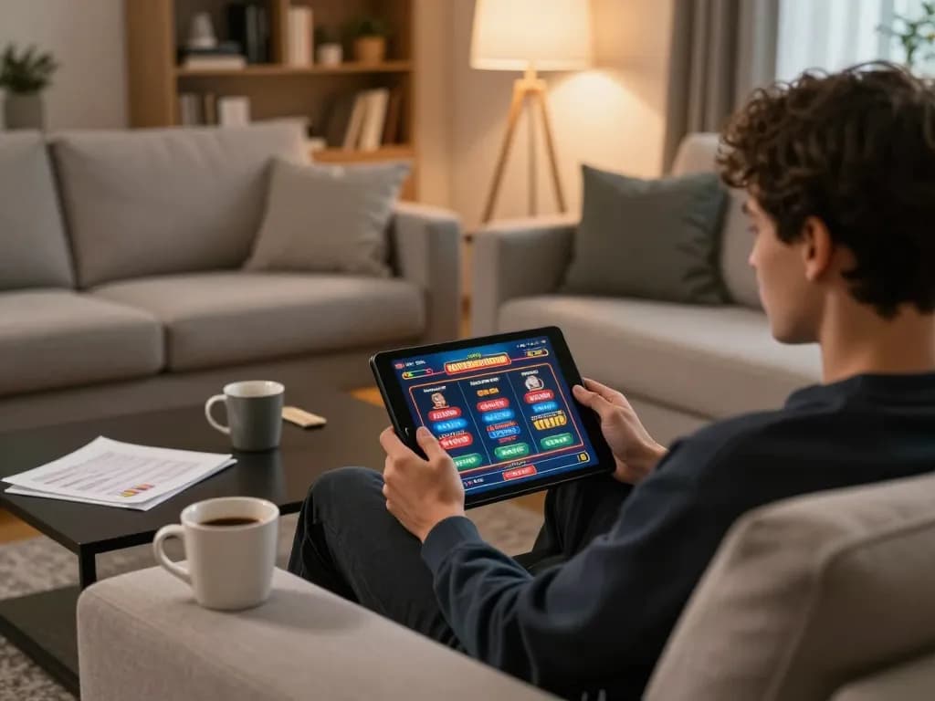 Engaging online casino gameplay experience at home with 789club app on tablet in a cozy setting