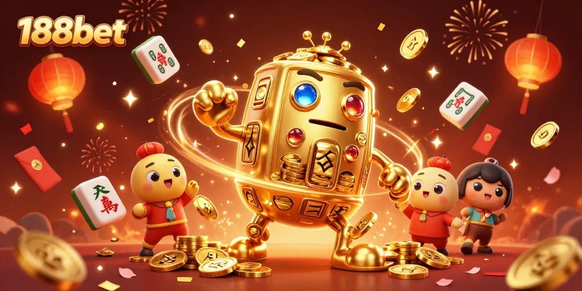 Engage with 188bet's vibrant casino experience featuring golden golems, mahjong tiles, and festive decorations.