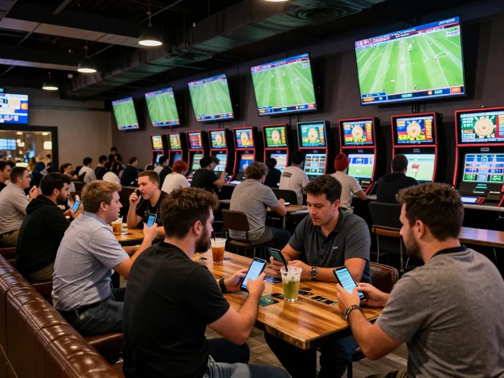 Soi Kèo sports fans cheering while placing bets in a lively sports bar atmosphere
