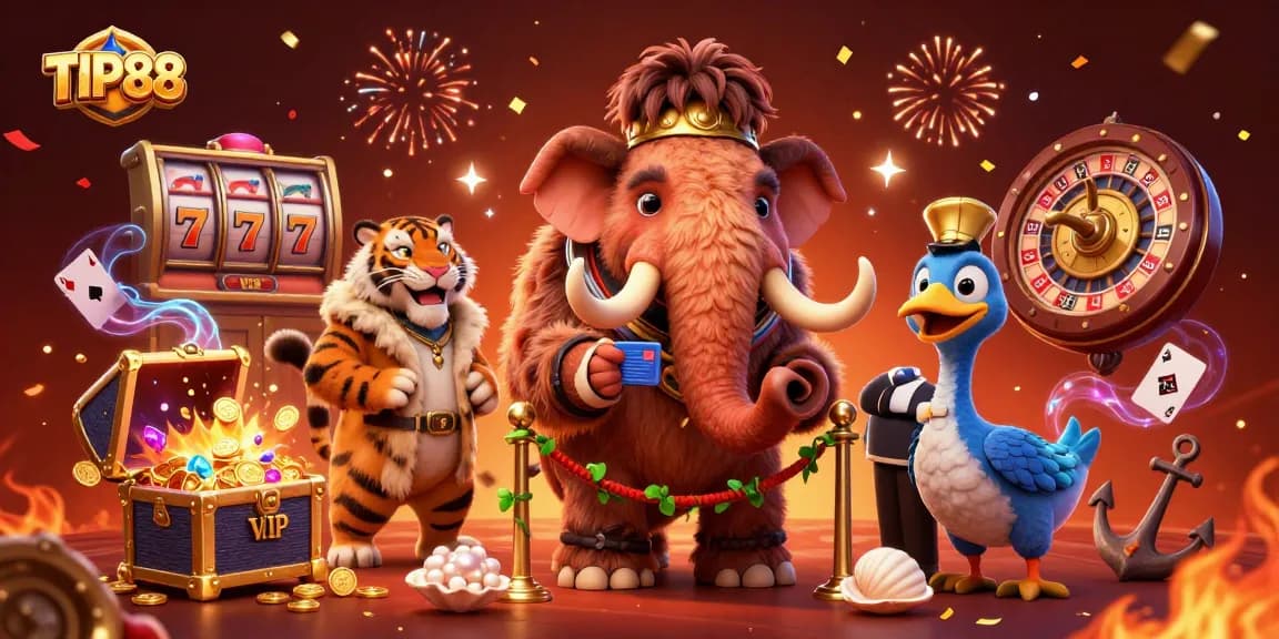 Engage with TIP88's thrilling slots in a vibrant casino scene featuring a unique mammoth bouncer.