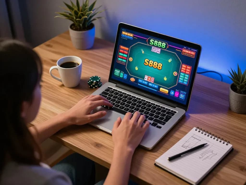 S888 player enjoying an immersive online poker experience, surrounded by strategy notes and warm home office ambiance.
