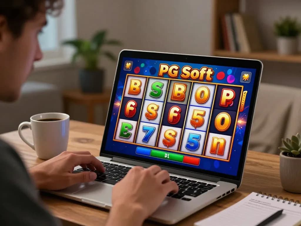 Pemain berinteraksi dengan permainan Demo Slot PG Soft di laptop di rumah, menangkap kegembiraan bermain.