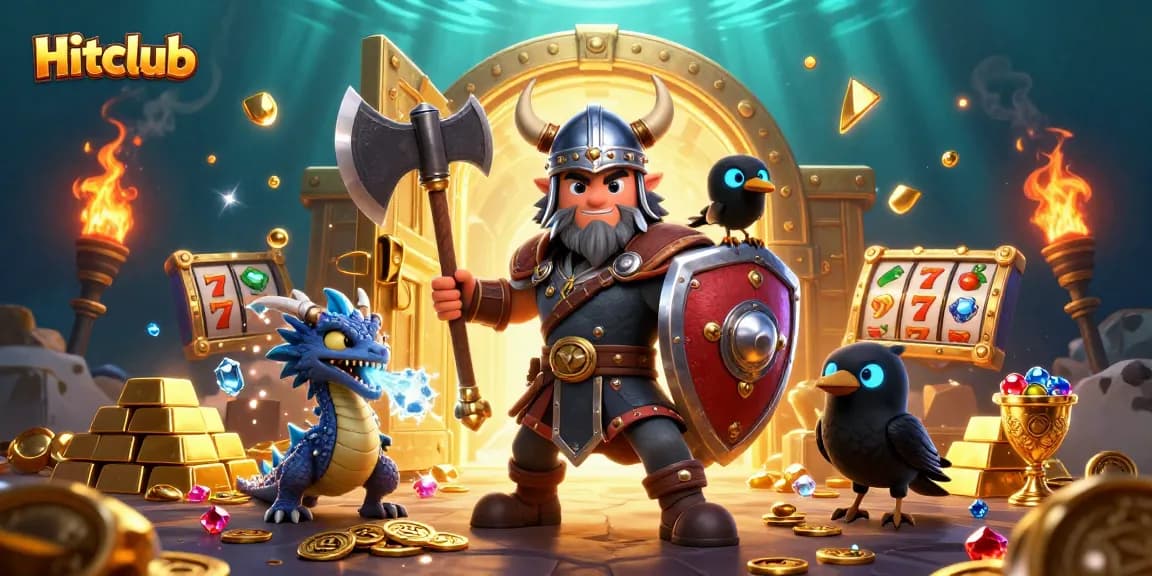 Hitclub showcases a Viking wolf warrior and dragon amid sparkling treasures and slot reels for an exciting gaming scene.