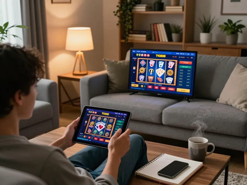 Engaging with TG88 online casino on a tablet in a cozy home setting, displaying vibrant slot games.