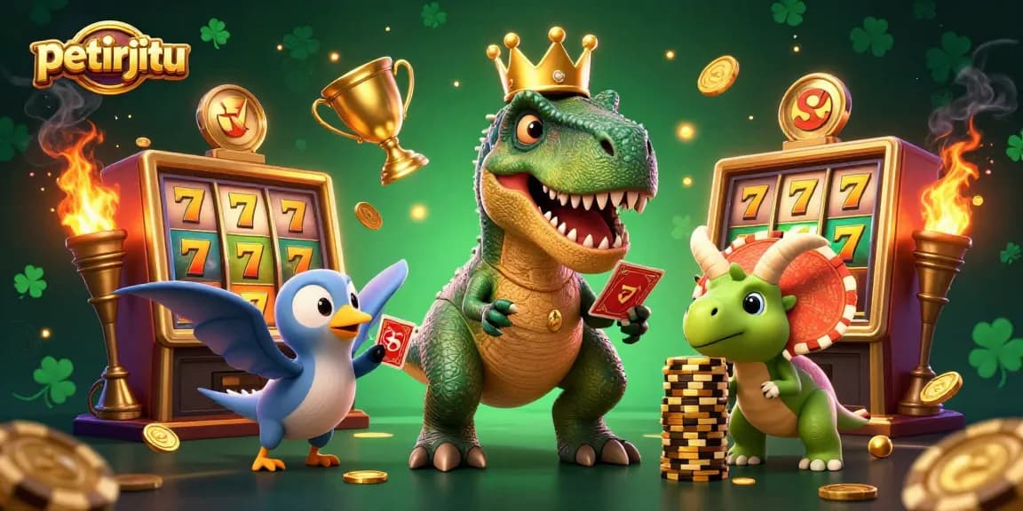 Permainan seru petirjitu dengan T-Rex bermahkota, melawan keberuntungan di mesin slot terbaik.