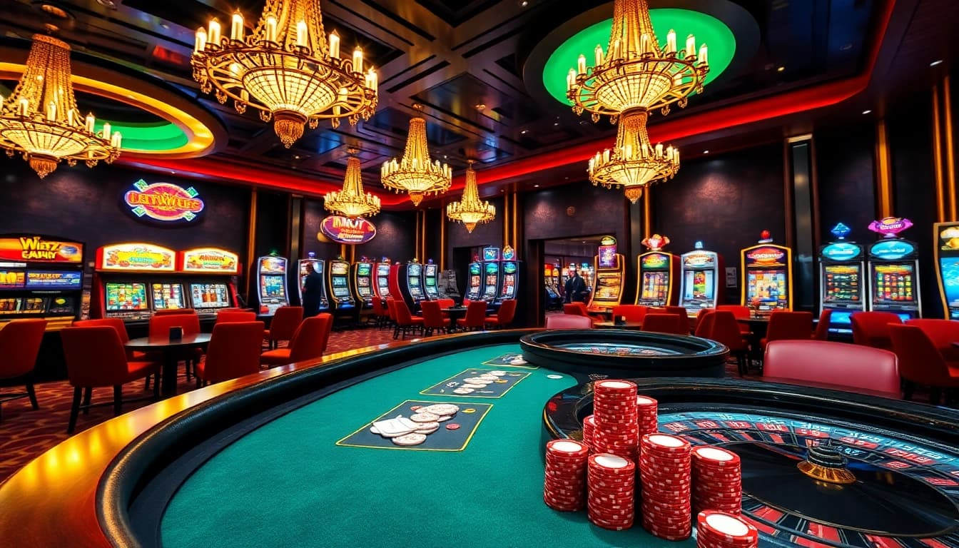 A dynamic casino scene showcasing vibrant gambling activities on https://bem88.com with poker chips and slot machines.