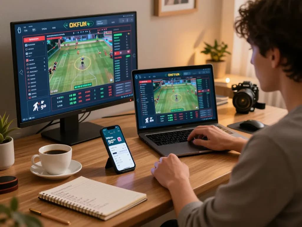 Engaged bettor analyzing odds on OKFUN app during sports betting session at home desk