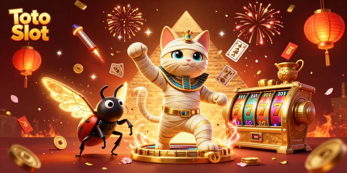 Toto Slot menawarkan pengalaman bermain yang megah dengan kucing mumi dan benda-benda keberuntungan dalam perayaan kasino.