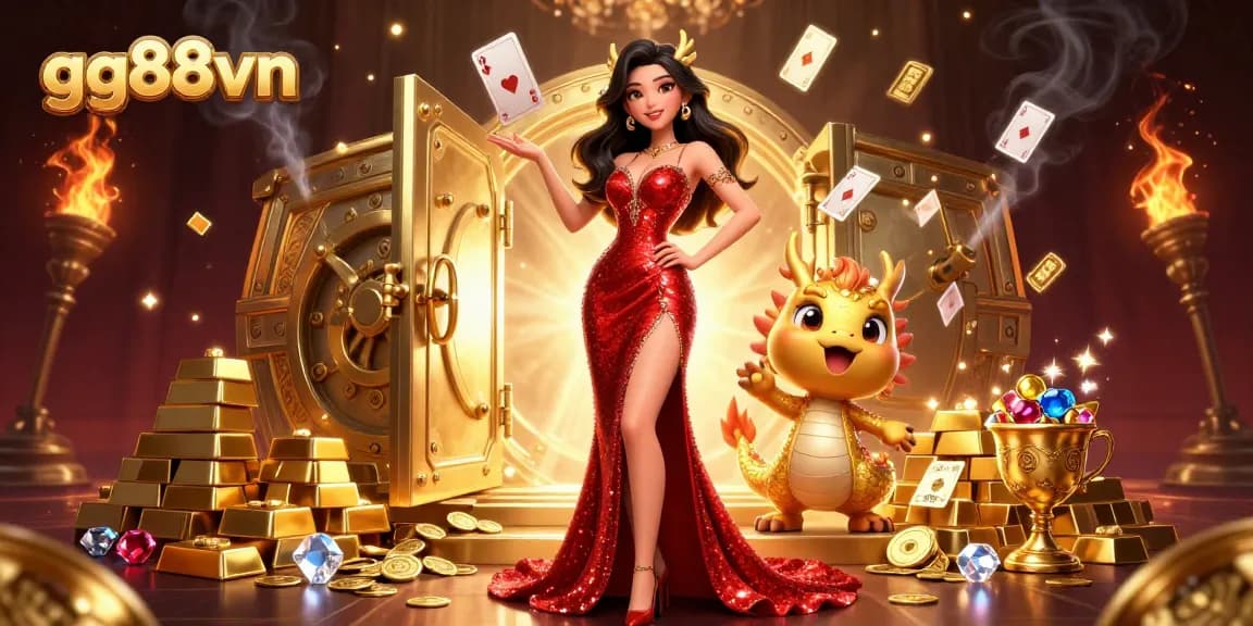 Engage with exciting gaming at gg88vn with the Asian casino goddess and golden dragon amidst dazzling treasures.