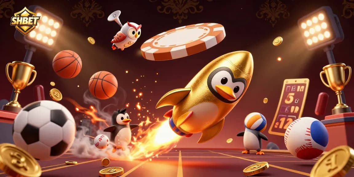 Join the adventure at SHBET, where a golden penguin blasts through space toward a casino!