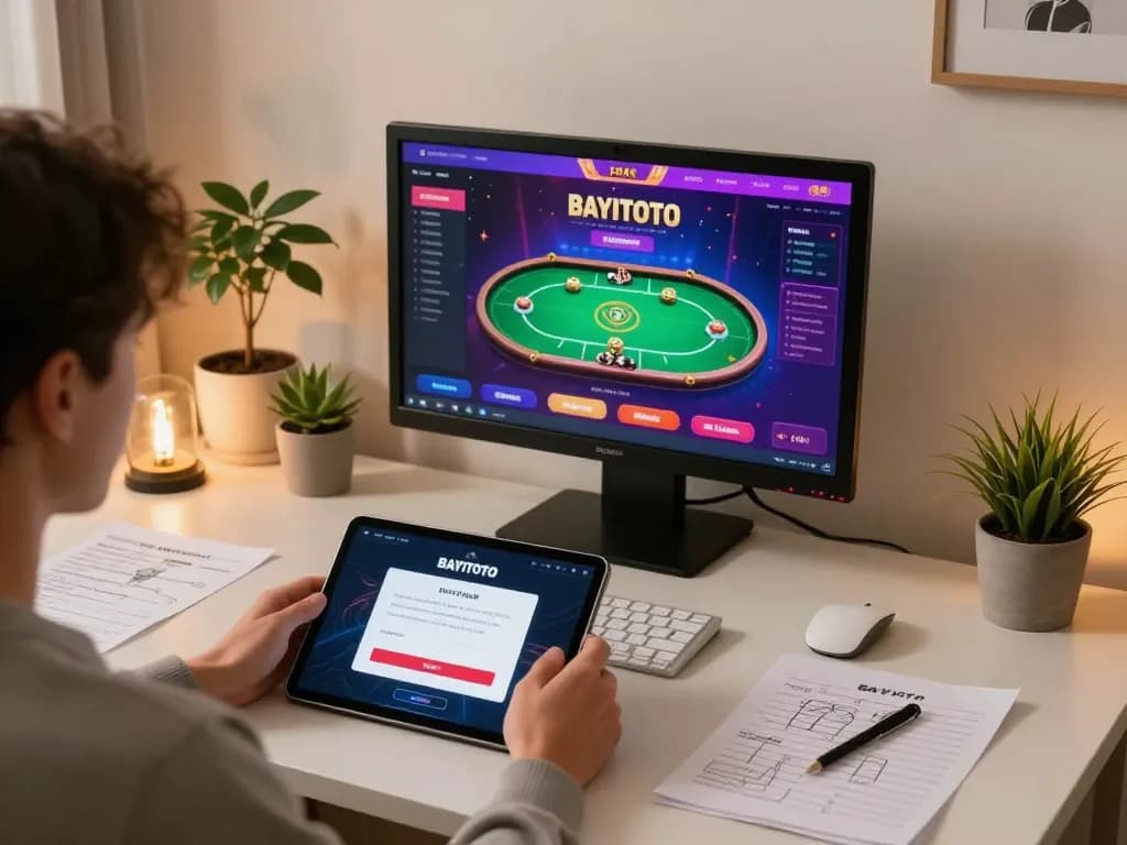 Pemain online yang terlibat di layar login BAYITOTO menampilkan antarmuka kasino yang hidup dan catatan strategis.