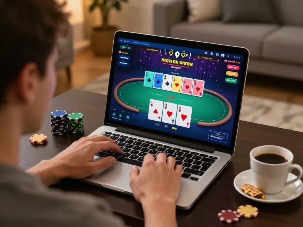 Player engaged in strategic online poker at home, showcasing go8 gaming interface and cozy setup.
