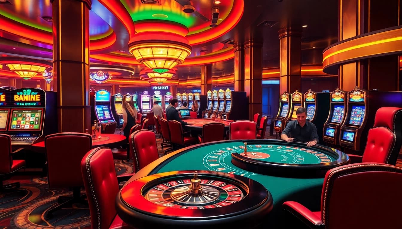 Exciting gameplay at a luxurious casino featuring j88 poker tables and vibrant slot machines.