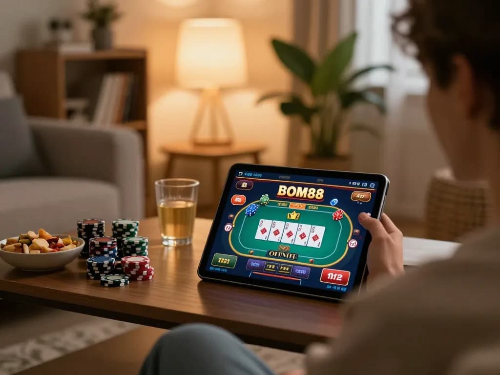 Pemain BOM88 terlibat dalam permainan kasino online di tablet dengan antarmuka yang cerah dan pengaturan yang nyaman