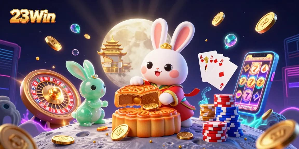 Experience thrilling gaming action with 23Win's vibrant 3D casino illustration featuring exciting elements like poker chips and golden coins.