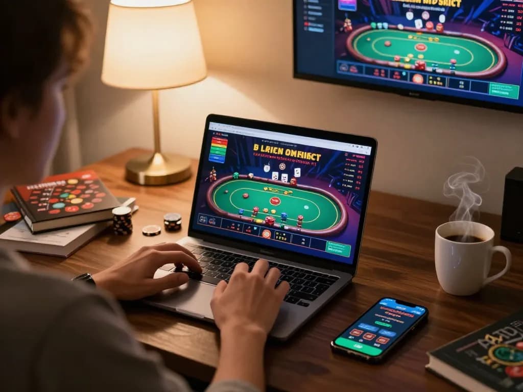 Person engaged in online gaming on sc881 platform, with laptop showing dynamic poker game.