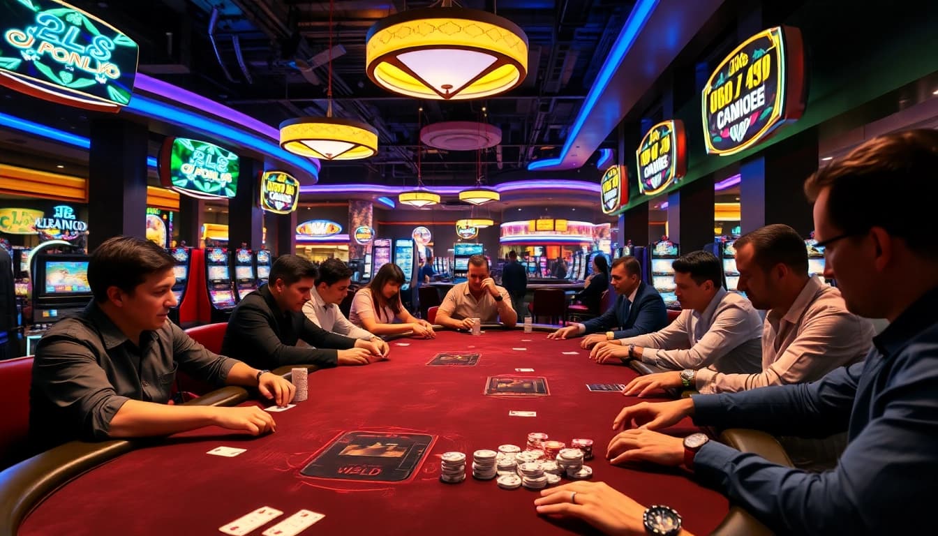 Menghadapi permainan idnpoker di kasino yang meriah dengan lampu neon yang berwarna-warni.