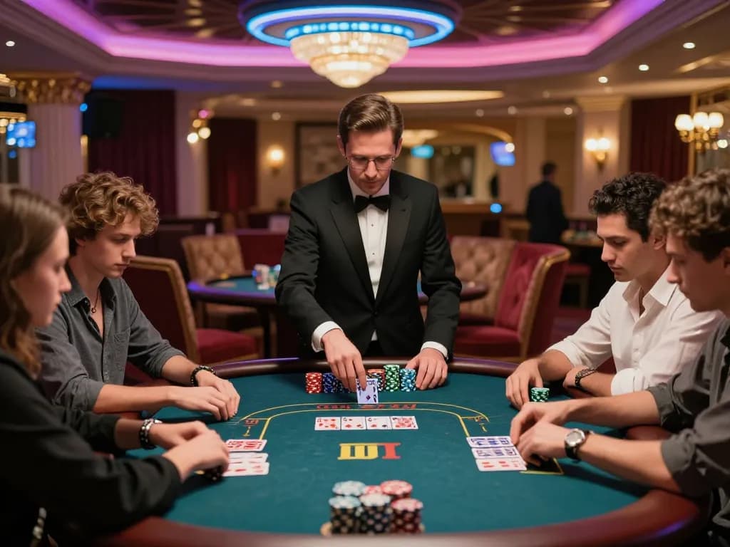 Aksi poker yang menarik di kasino kelas atas yang menampilkan pemain dan dealer dari https://blackmomsblog.com/about/.