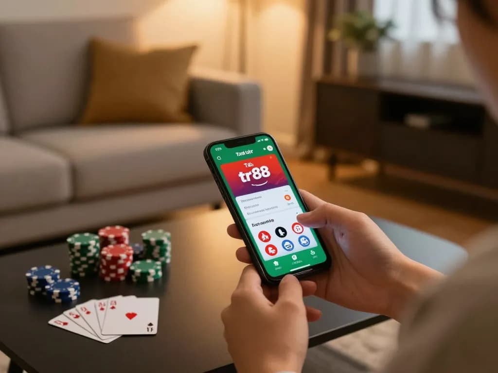 Downloading the tải app tr88 in a cozy home setting with poker chips and cards visible.