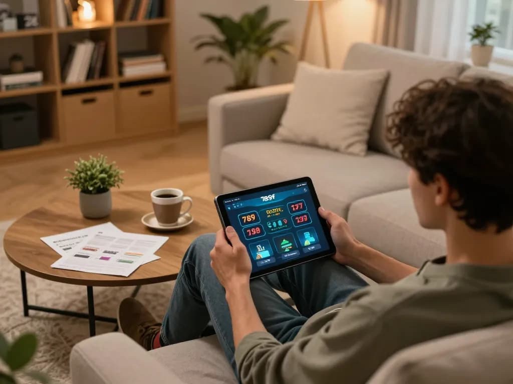 Using the 789f app for online gambling, a player strategizes in a cozy home setting.