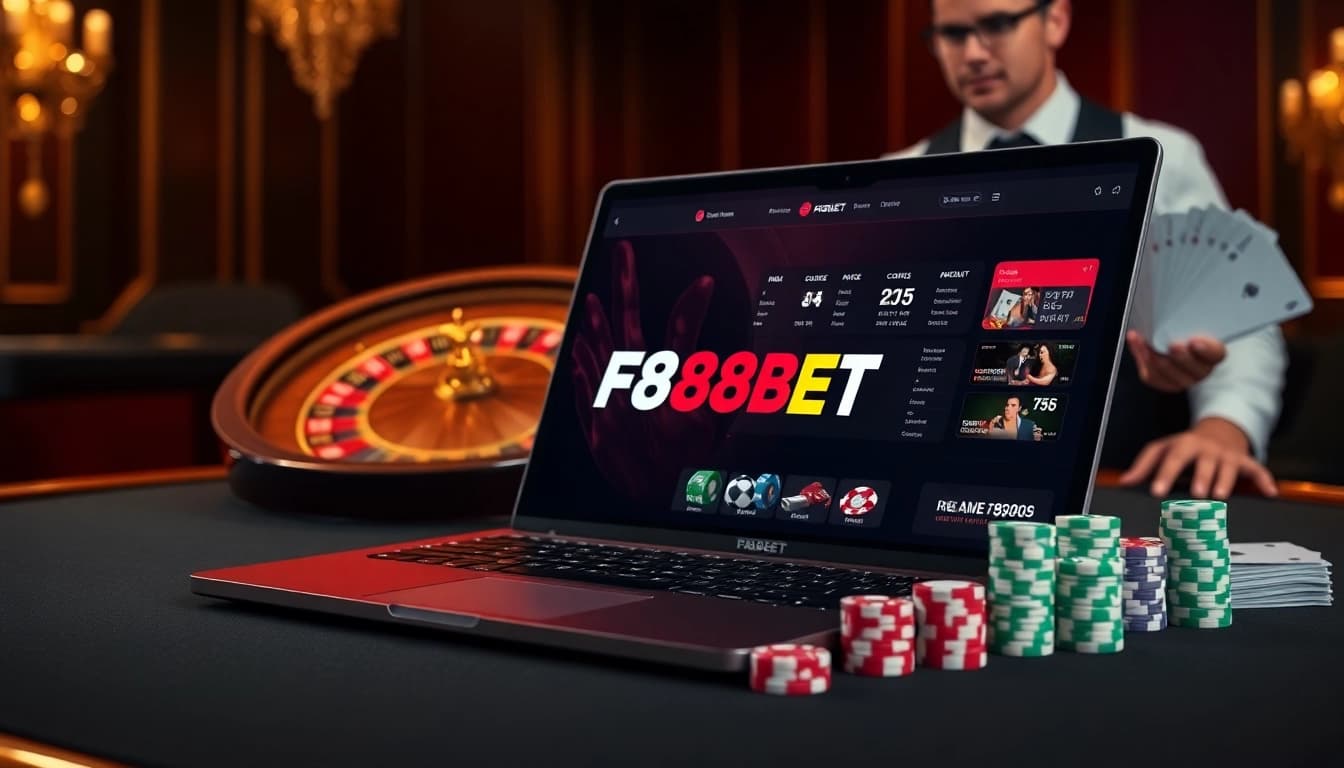 F8BET online gambling experience at a luxurious casino table with poker chips and cards.