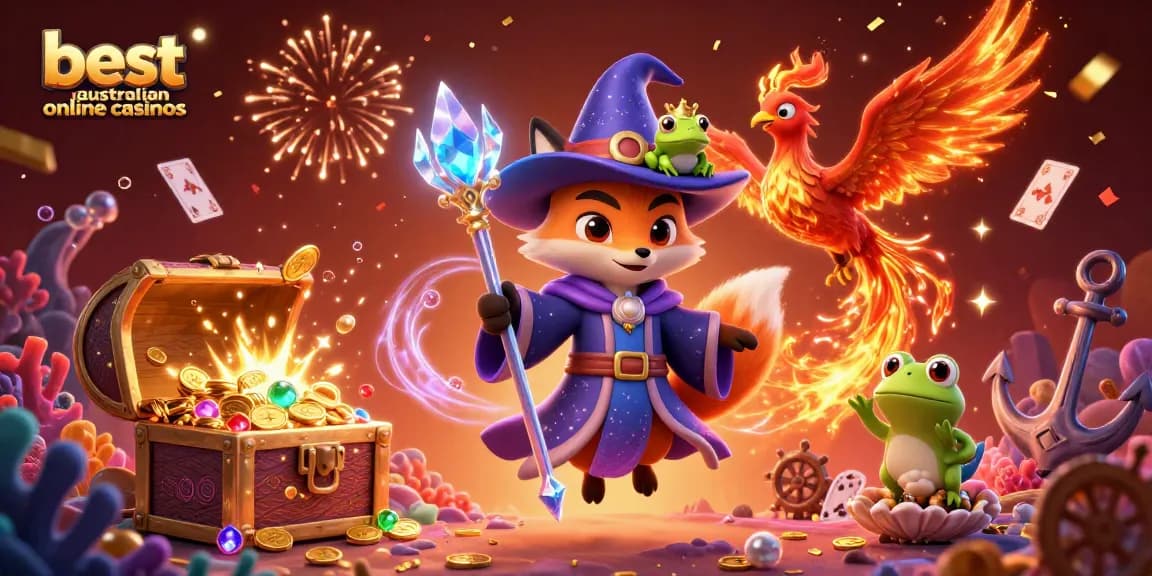Engaging depiction of best australian online casinos featuring dynamic casino elements, magical characters, and vibrant colors.