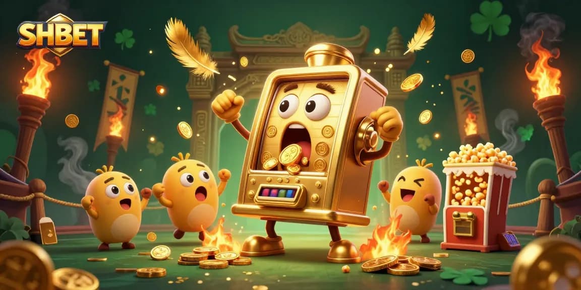 SHBET combines excitement with winnings as a golden slot machine hits its jackpot amid cheering characters.
