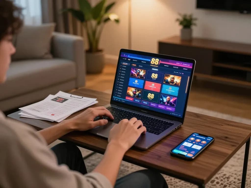 Person enjoying online gaming on say88 com with cozy setup and vibrant casino interface.