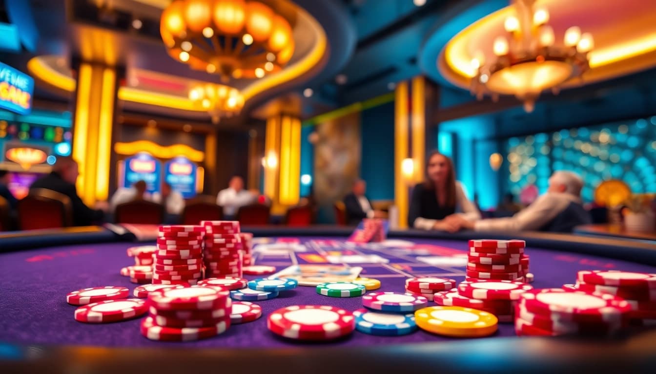 Engaging atmosphere at AT99 casino game with colorful chips and focused players.