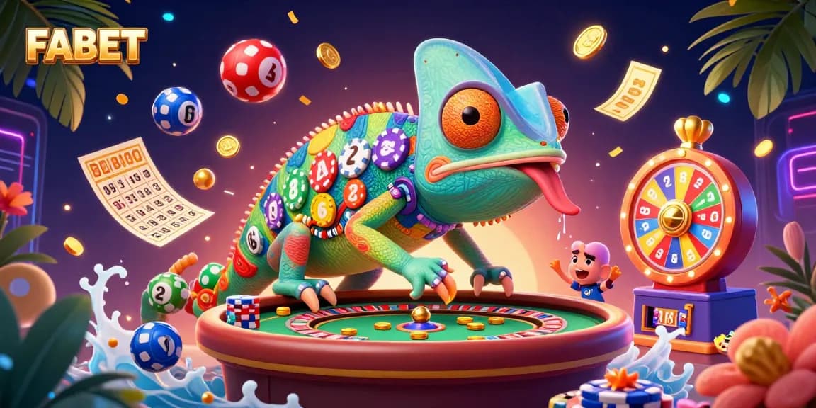 FABET chameleon casino owner captures golden coins while vibrant games and prizes surround him