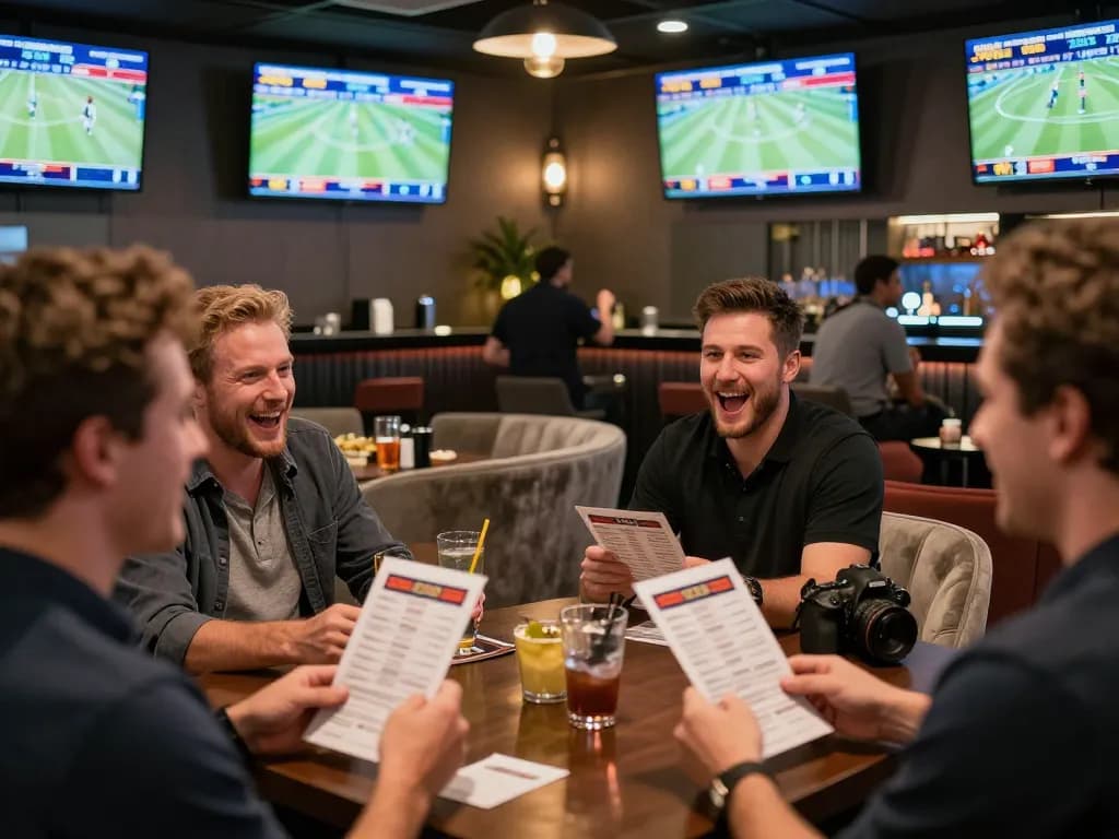 Excited bettors enjoying live sports betting atmosphere at one88br with betting slips and screens.
