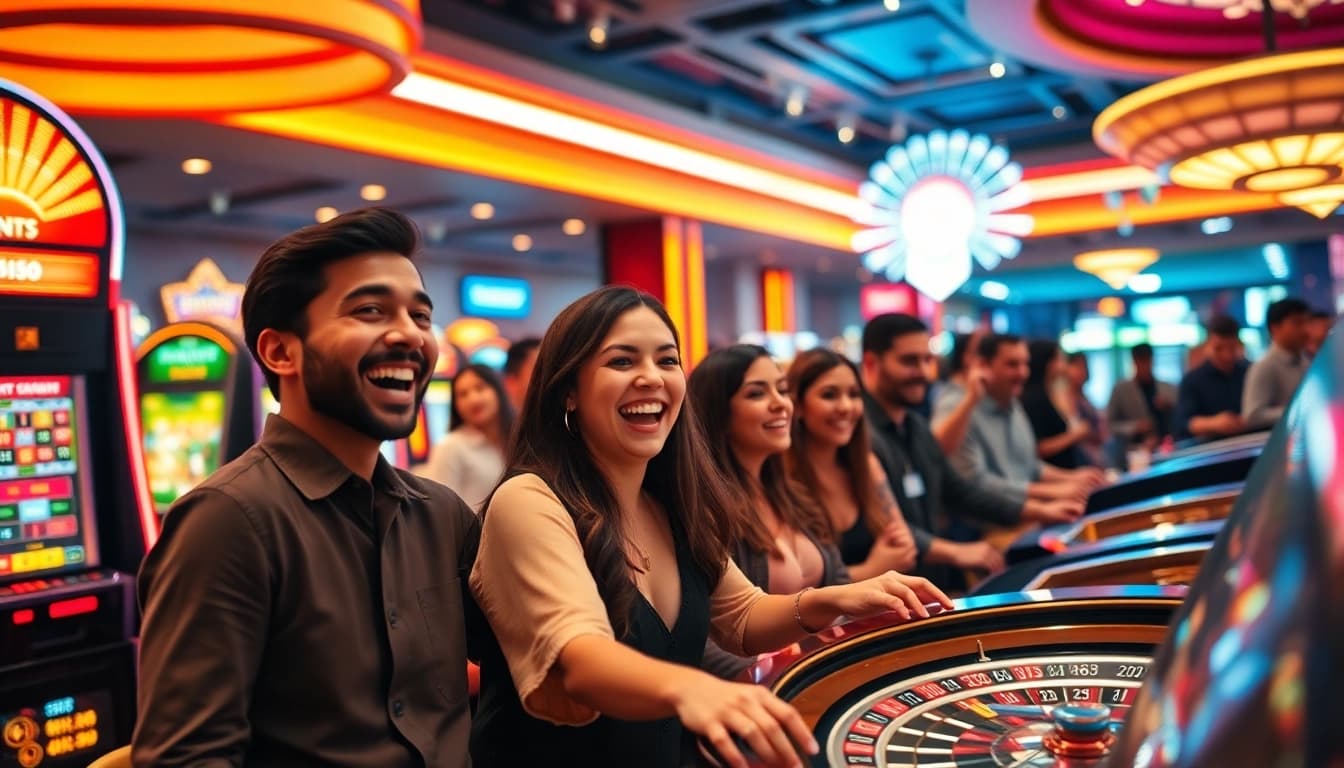 Players enjoying games at 18vip casino with vibrant lights and exciting atmosphere.