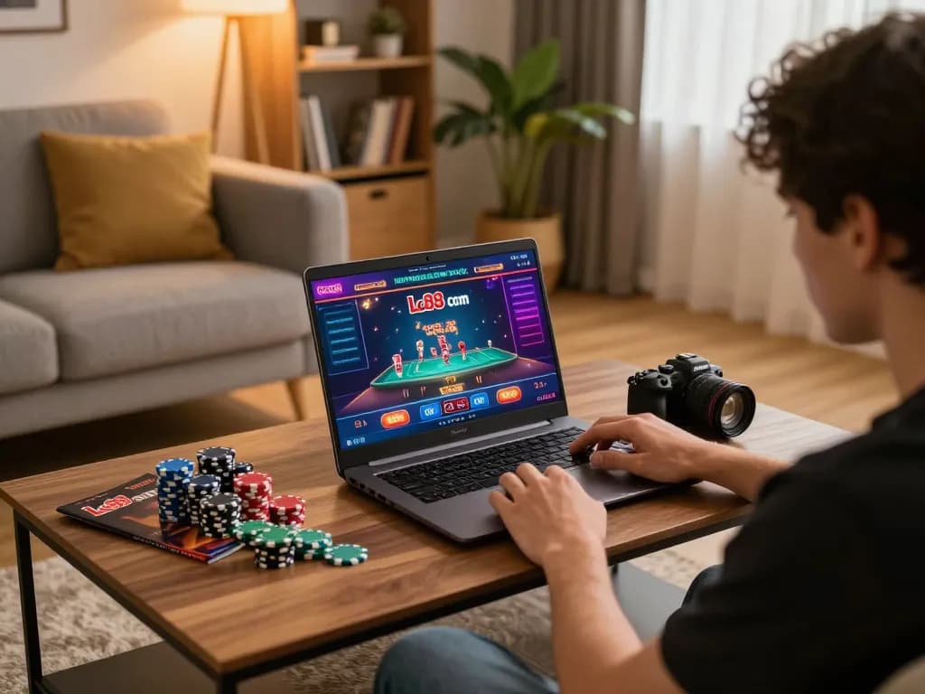 Engaging in online gaming on Lc88 com from a cozy home setup, showcasing dynamic casino gameplay.