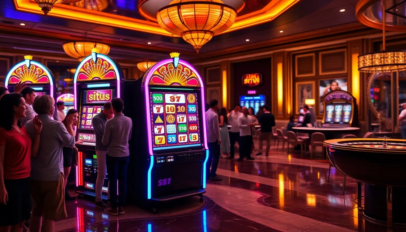 Players enjoying the situs11 slot machine at an upscale casino, celebrating wins with excitement.