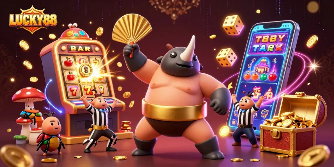 Experience the thrill of LUCKY88 as a sumo beetle stomps, sending coins flying amidst vibrant game elements.