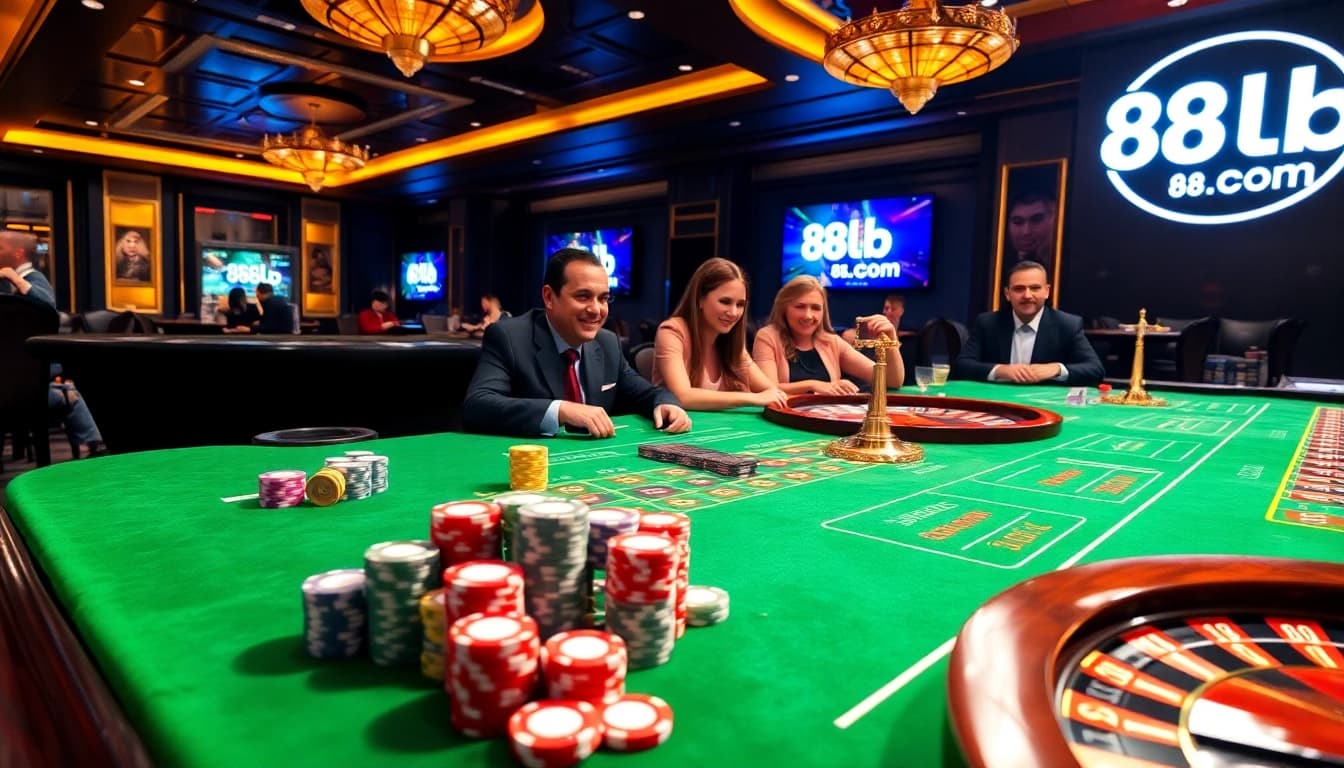 Experience high-stakes excitement at 88clb com with engaged players at a glamorous casino table.