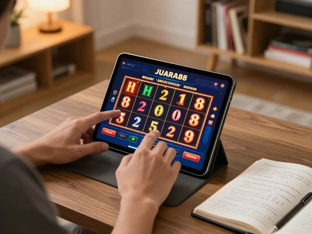 Engaging in intense slot gameplay on JUARA88 with strategic notes in a cozy home setting.