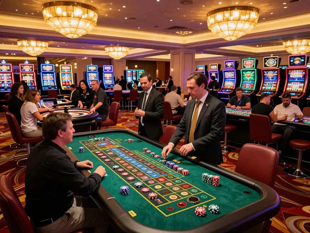 Players enjoying a thrilling casino roulette game, vibrant atmosphere with colorful chips and warm lighting.